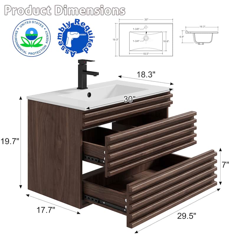 Wall Mounted Bathroom Vanity Set W/ Drop in Sink Mid-Century Cabinet Set