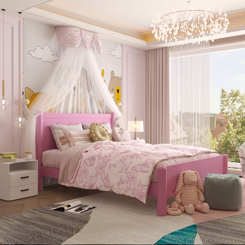 GDFStudio - Elara Wood Platform Bed Frame with Headboard and Wooden Slat Support - Pink - Queen