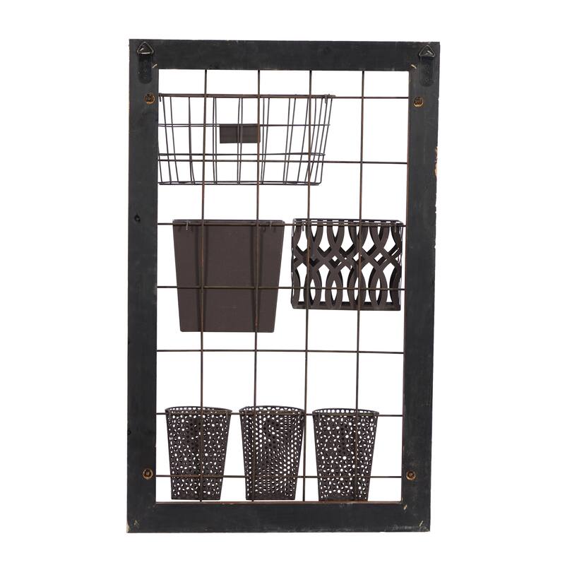 Brown Metal 1 Slot and 5 Baskets Magazine Rack Holder with Suspended Baskets and Label Slot