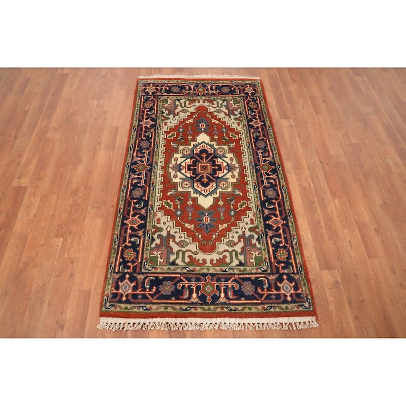Hand Knotted Oriental 100% Wool Carpet Traditional Medallion Oranges & Rust Heriz (serapi) Area Rug - 5' 2'' X 2' 10''