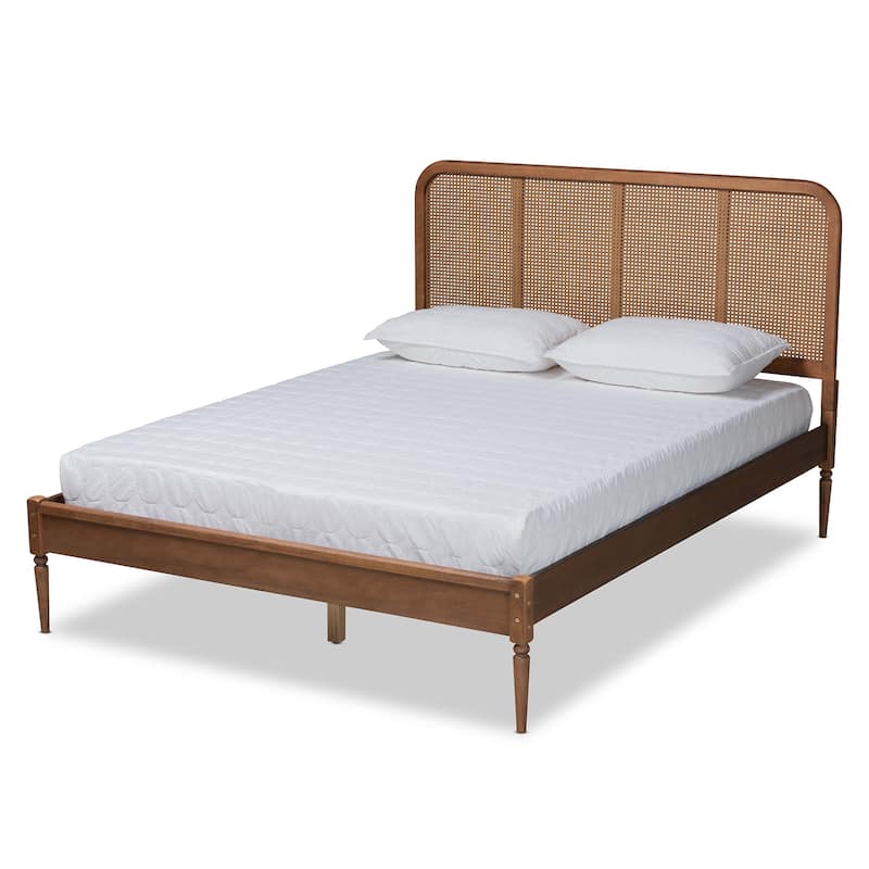 Elston Mid-Century Modern Synthetic Rattan Wood Platform Bed -Walnut - Queen