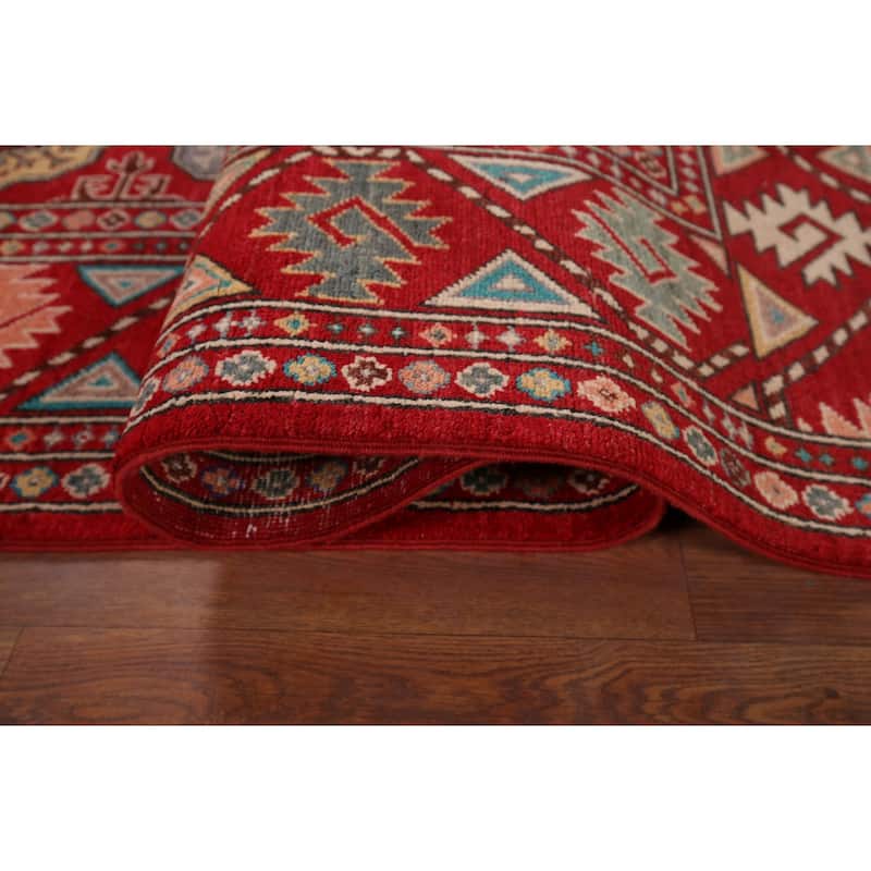 All-Over Red Geometric Kazak Area Rug Handmade Wool Carpet - 6'5" x 9'9"