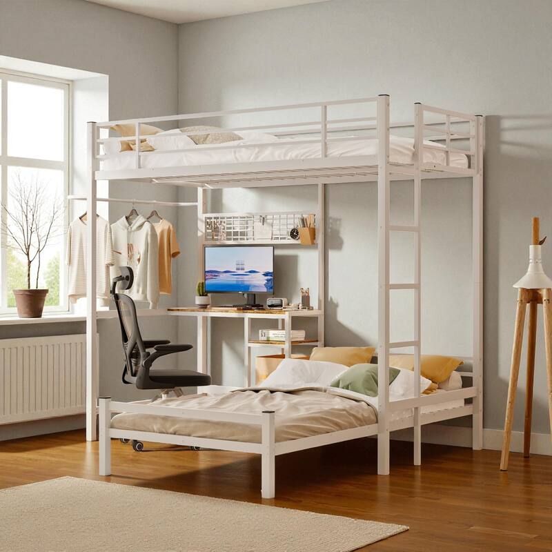 Twin Over Twin Metal Bunk Bed with Desk, L-Shaped Loft Design, Storage Shelves, Drawers, Guardrails and Ladder for Teens - White - Twin
