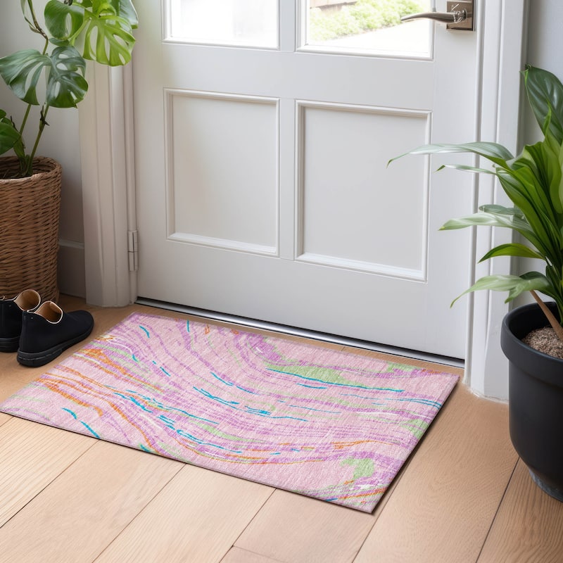 Machine Washable Indoor/ Outdoor Modern Wave Chantille Rug - Pink - 1'8" x 2'6"