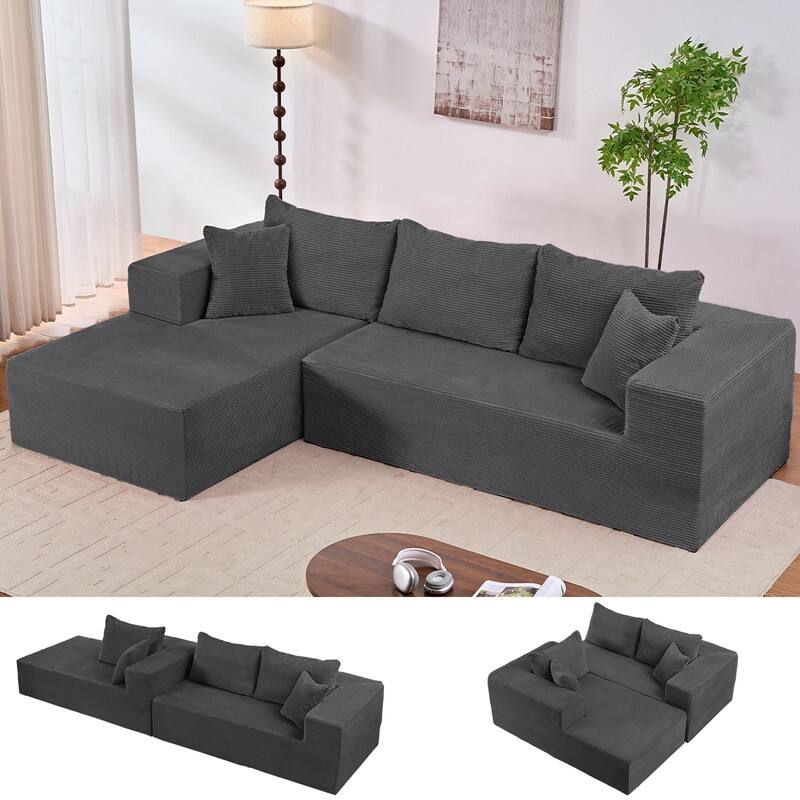 Mixoy Modern 113''Minimalist 2-Piece Corduroy Modular Chaise Sectional Sofa Deep Seat,L-Shaped Upholstered Couch With Chaise - Grey - L-Shaped