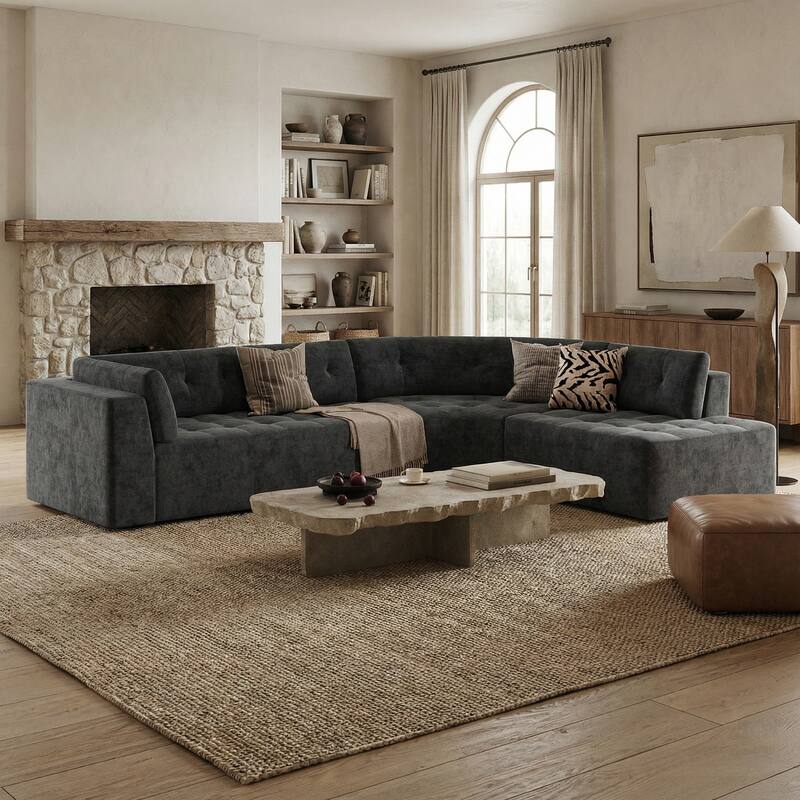 Christopher Knight Home - Modern L-Shaped Corner Sectional Sofa, Fully Upholstered Arms, Curved Right-Hand Facing, Tufted Design - Grey