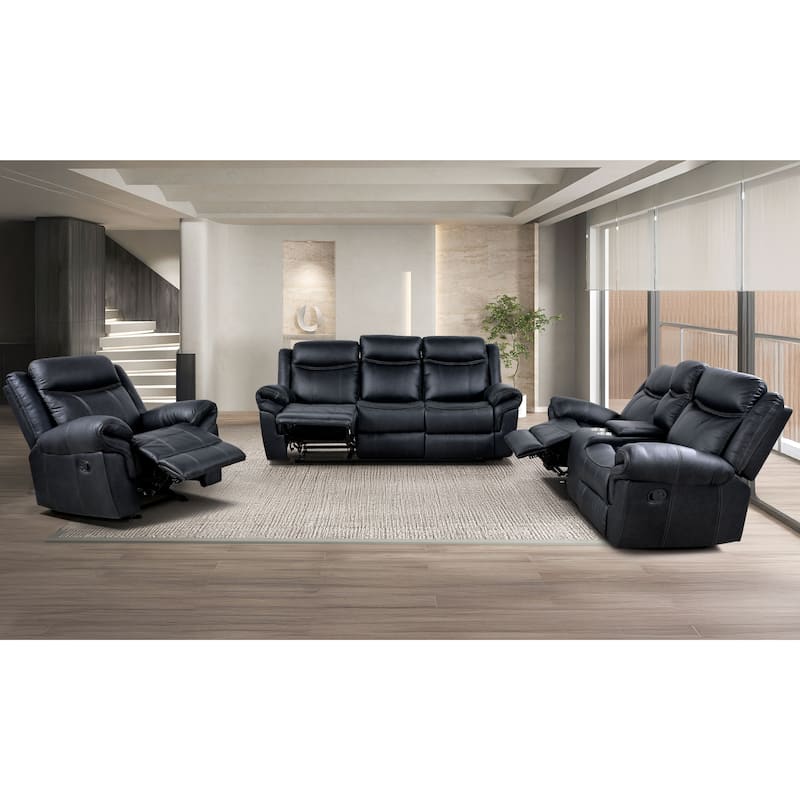 Verne Modern 3-Piece Brown Leather Manual Reclining Sofa Set with Cup Holders - Black