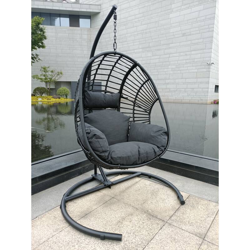 PE Wicker Swing Egg Chair with Stand - Black