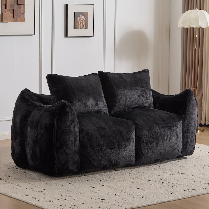 Fabric Upholstered Oversized Chase Lounge Loveseat Bean Bag Lazy Sofa with 2 Pillows