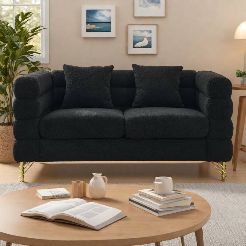 60" Oversized Teddy Fabric 2-Seater Sofa with Deep Seating, 2 Pillows and Solid Wood Frame - Black