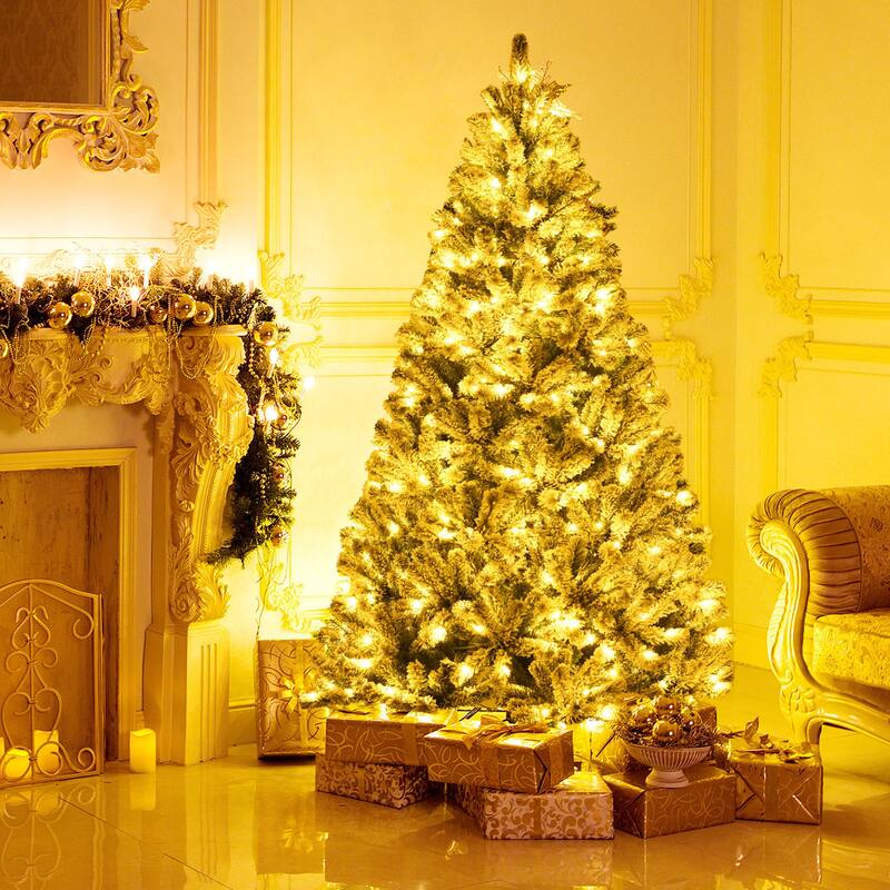 Gymax 6/7/8 FT Pre-lit Artificial Christmas Tree Snow Flocked Full