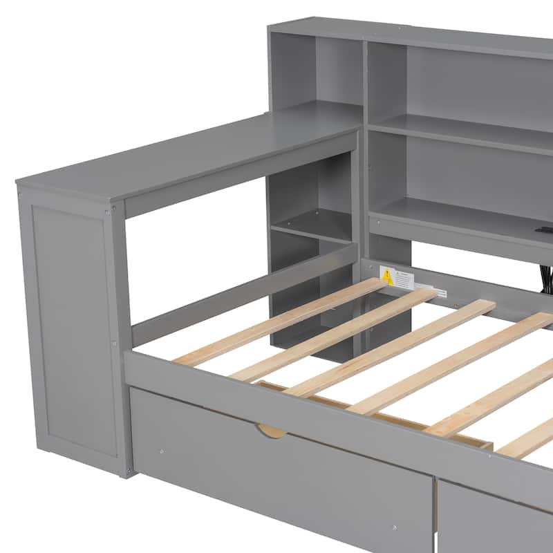 LED Platform Daybed, Wooden Sofa Bed Frame with Built In Desk, Charging Station, Upholstered Headboard, 2 Drawers and Shelves