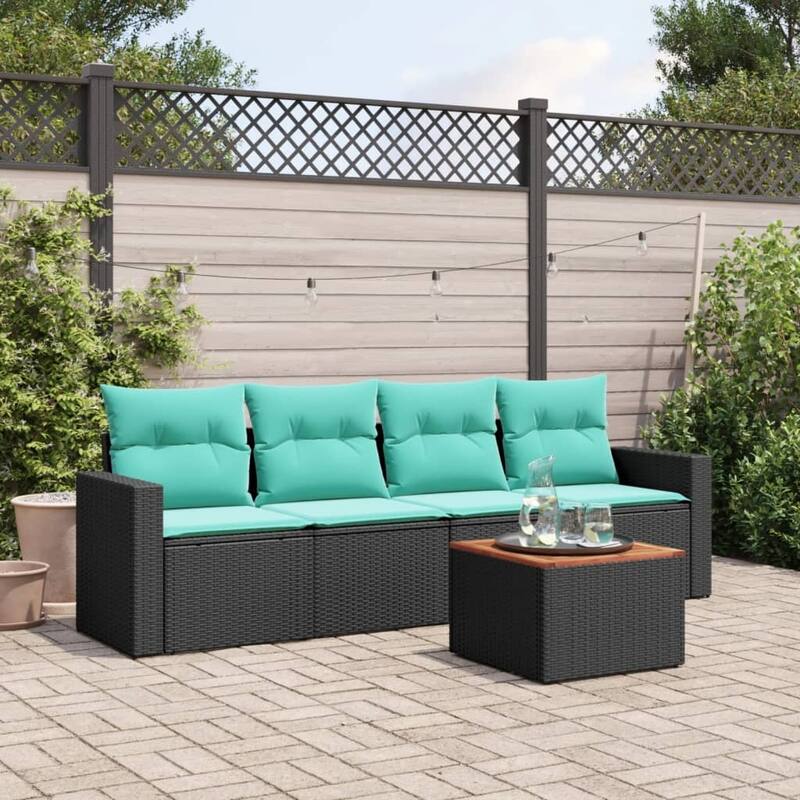 vidaXL Patio Sofa Set with Cushions Outdoor Furniture 5 Piece Poly Rattan - 25.8x 24.4x 27.2 - Black and Blue