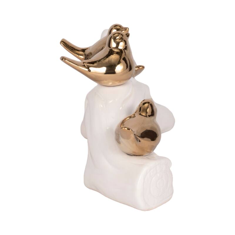 Porcelain Bird Statue with White Branch Base - 14", White & Gold - 14" x 5" x 6"