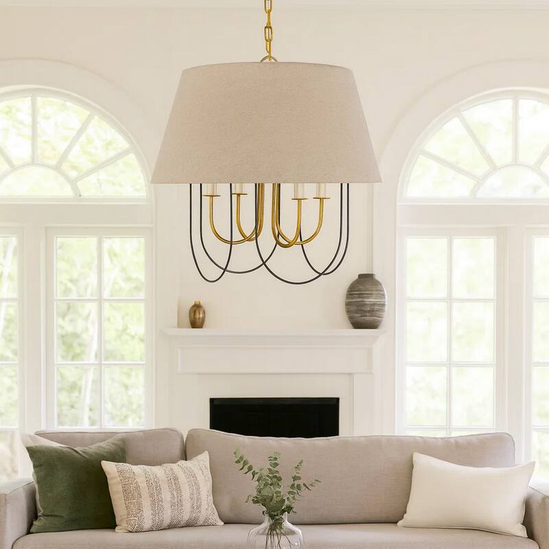 Pomy 24 Inch Chandelier, Hardback Burlap Shade, Gold Black Metal