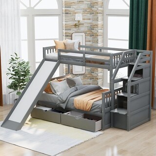 Twin over Full Bunk Bed with Slide, Drawers, Storage Grids & Guardrails, Space-Saving Design, Interchangeable Ladder, Grey