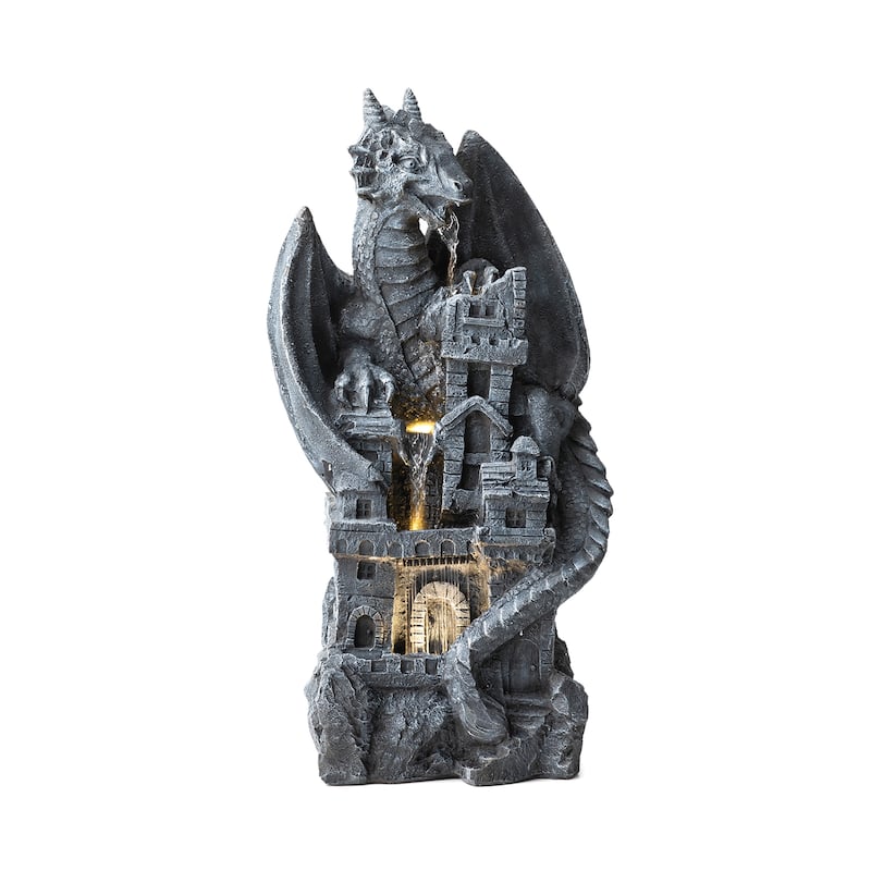 Glitzhome 36.5"H LED Mystical Gothic Dragon 4-Tier Polyresin Outdoor Floor Fountain - 36.5"