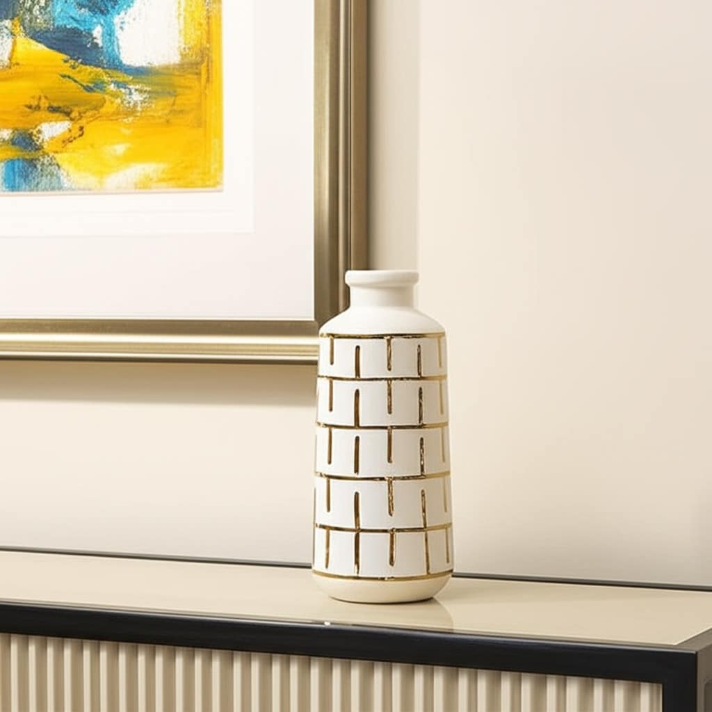 12" Ivory And Gold Geometric Cylindrical Ceramic Table Vase - 5.50