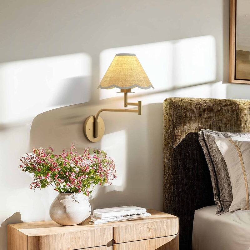 Rowabi Naia Rattan Sconce Metal, Raffia & Natural Beige, Gold 1-Light Handwoven Wall Sconce for Bedroom, Hallway in Modern Style