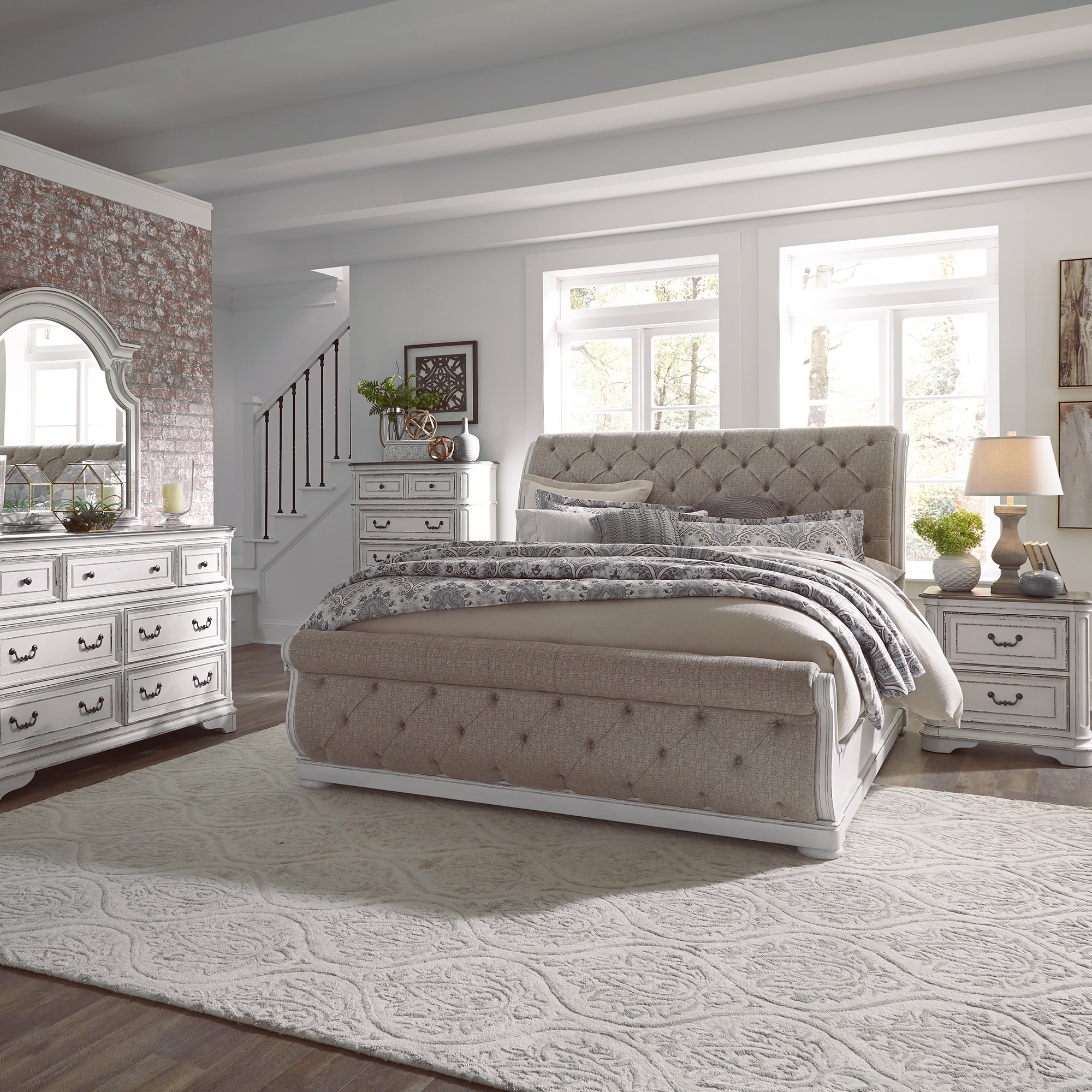 Liberty Furniture Magnolia Manor Upholstered Sleigh Bed, Dresser, Mirror, Chest, Night Stand - California King, King or Queen