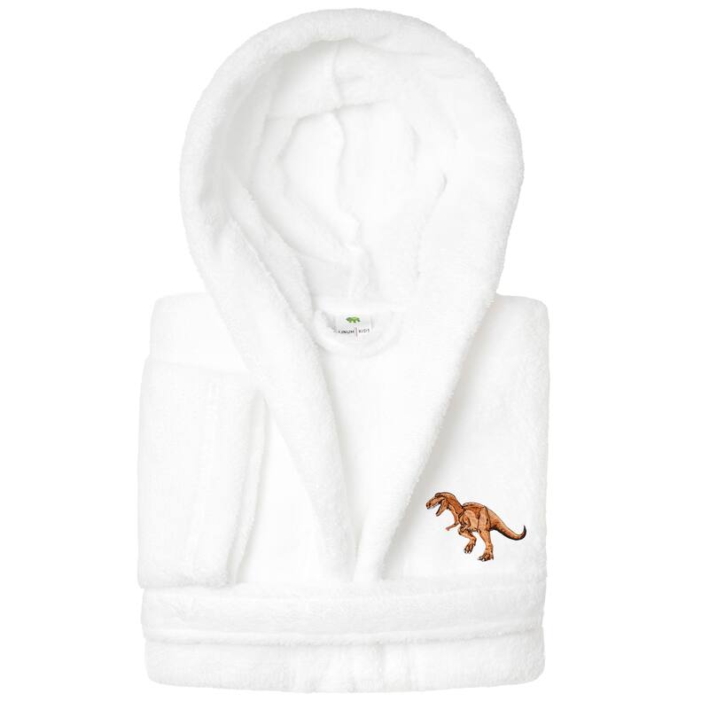 Sweet Kids 100% Polyester SUPER PLUSH Double Brushed Hooded Bathrobe - DINO - L - White