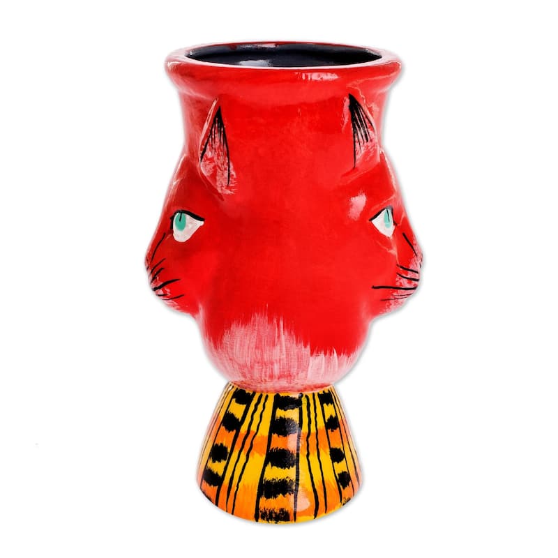 Novica Handmade Top Cat In Red Ceramic Flower Pot