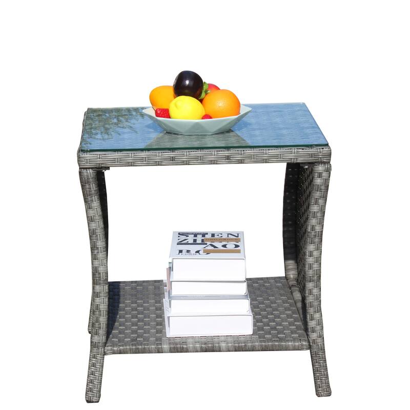 Anmytek Gray Rattan Side Table with Tempered Glass Top Indoor Outdoor Wicker Patio Table Double Tier Storage - 19.25*19.25