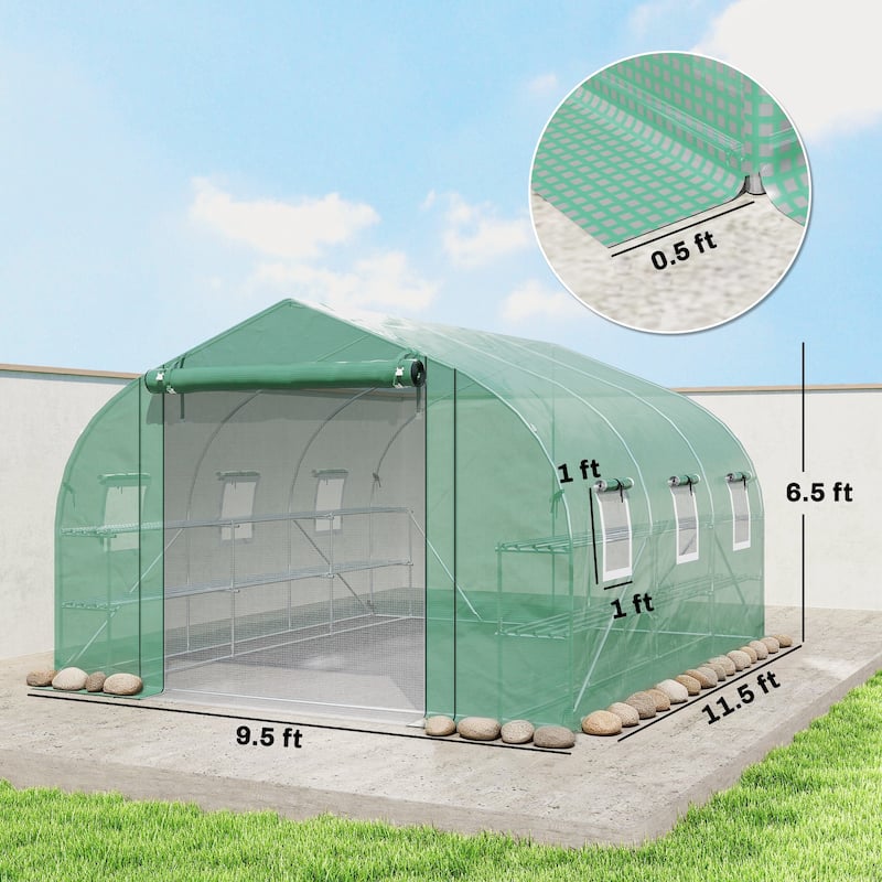 Outsunny 10'x11'x6' Walk-in Tunnel Greenhouse with Shelves, Mesh Door and Windows, Plant Hot House with PE Cover
