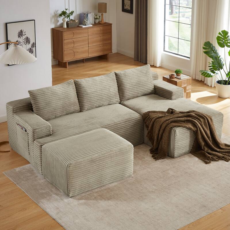 Corduroy Upholstery Cloud Modular Sectional Sofa with Chaise and Pillows, All-Foam Compression Design