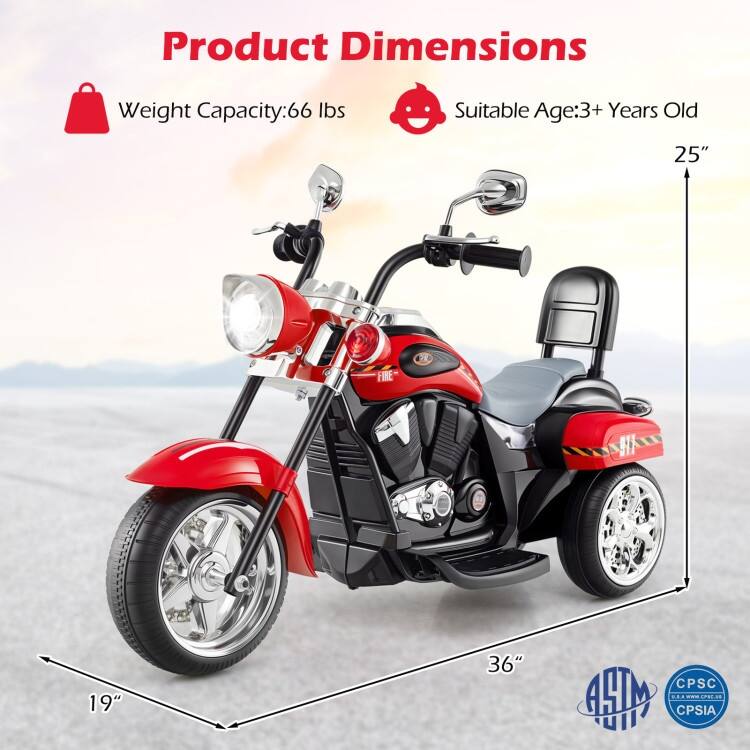 6V Powered Toddler 3-Wheel Motorbike Ride On Toy with Horn and Headlight - 36" x 19" x 25" (L x W x H)