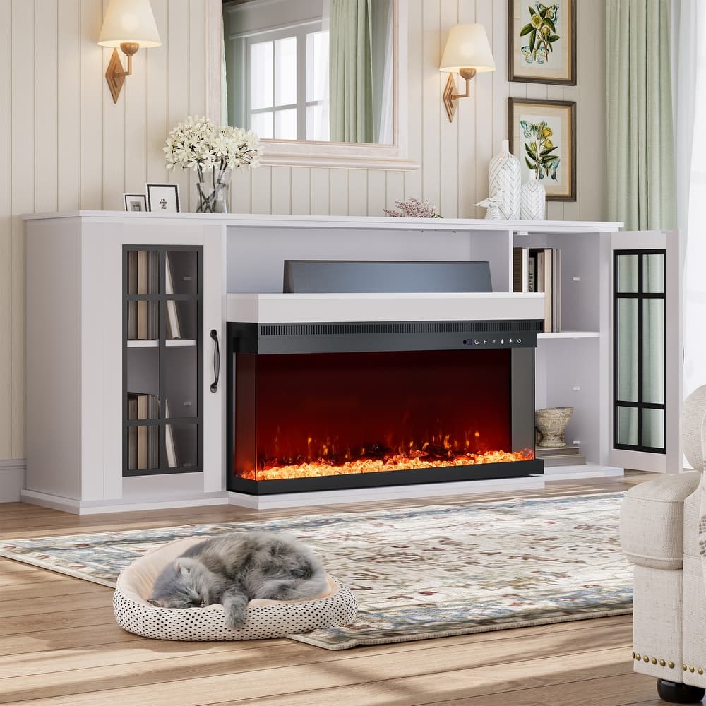 70" Fireplace TV Stand with 3-Sided Glass, ETL Certified, 12 Flame Colors, Realistic Ember Bed, Accommodates TVs up to 80"