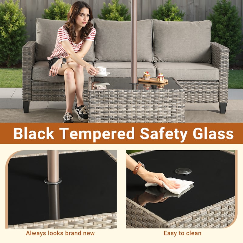 XIZZI Outdoor Wicker Coffee Table with Umbrella Hole for Garden Deck or Poolside