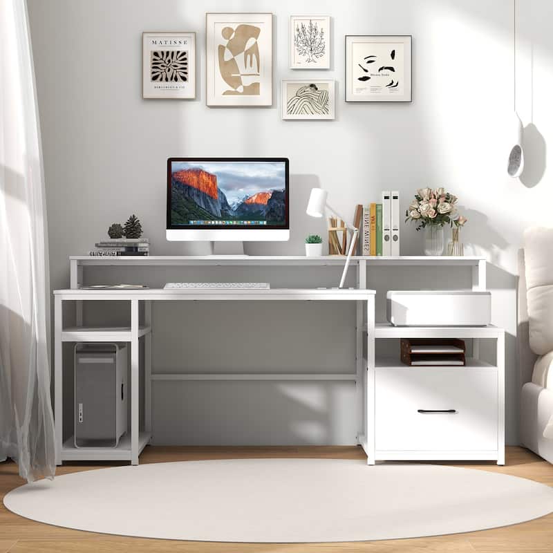 67 Inch Computer Desk with Monitor Shelf File Drawer and Charging Station - White