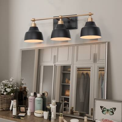 Mid-century Modern Black Gold 3-Light Bathroom Vanity Lights Wall Sconces - L24.5"x W 7"x H 8"
