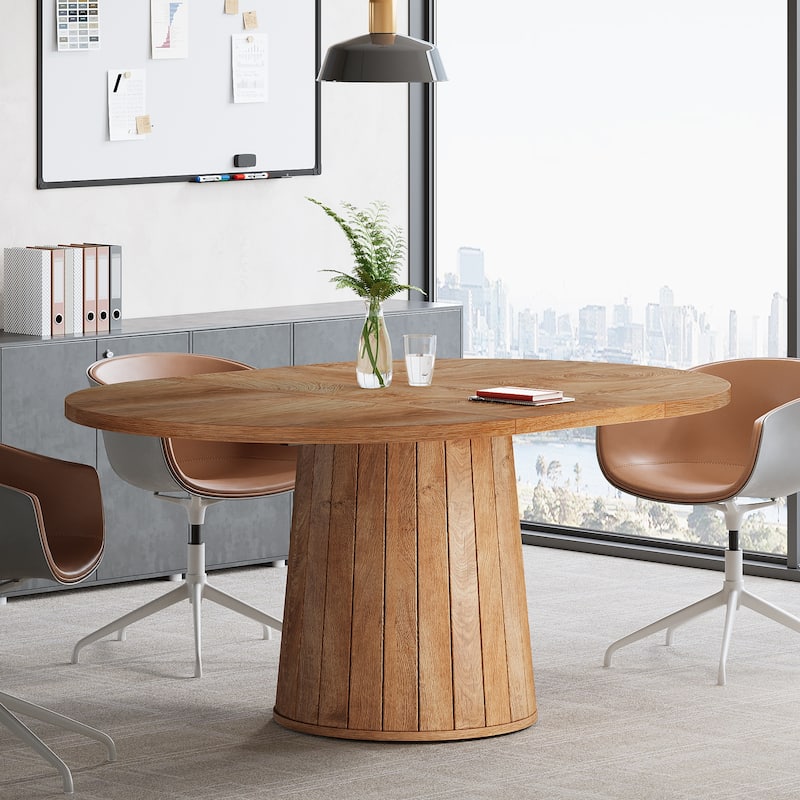 55.11 Inch Brown Wood Oval Conference Table with Wood Base for 6 People