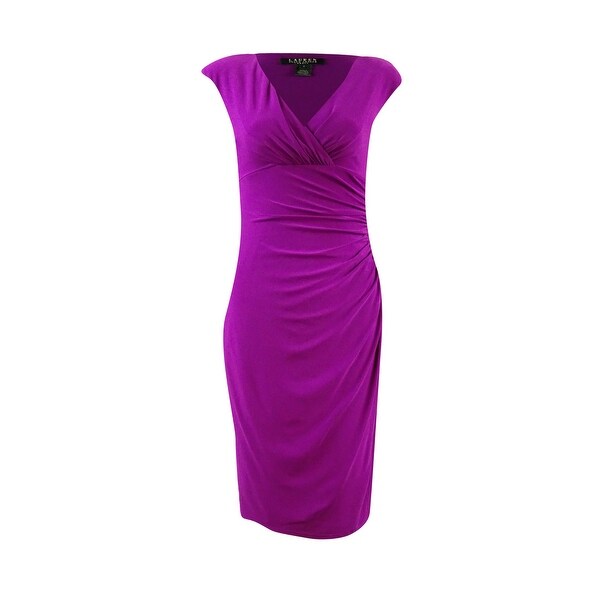 Lauren Ralph Lauren Women's Pleated Ruche Jersey V-Neck Dress - Fuschia