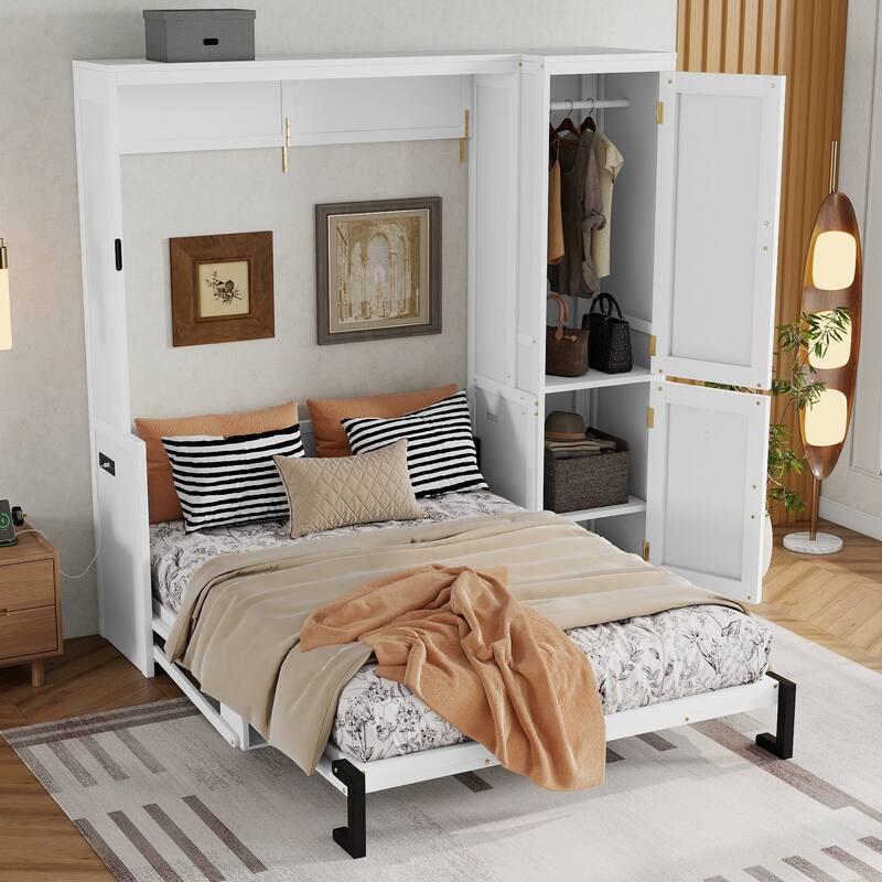 Queen Size Wood Murphy Bed with Wardrobe, Space-Saving White Wall Bed Frame with Hidden Desk and Charging Station, Gas Struts