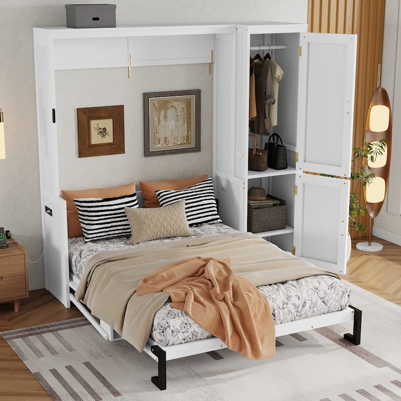 Roomfitters Queen Size Murphy Bed with Wardrobe and Desk, Space Saving Wall Bed with Gas Struts and Charging Station, White