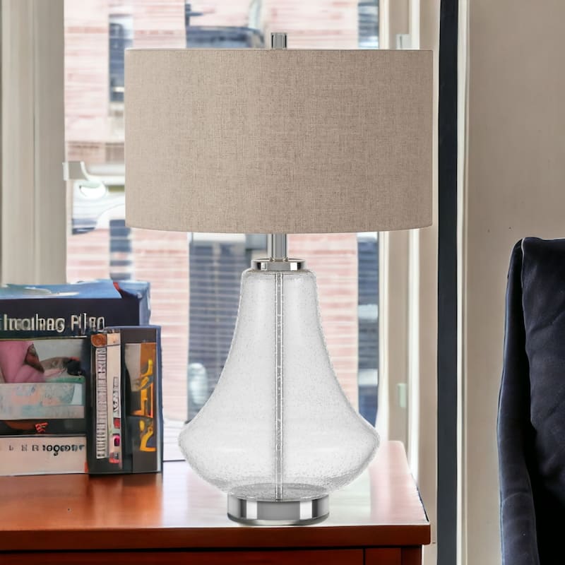 23" Coastal Glass Table Lamp with Linen Fabric Drum Shade and Metal Base for Bedroom or Living Room - 15"W x 15"D x 23"H