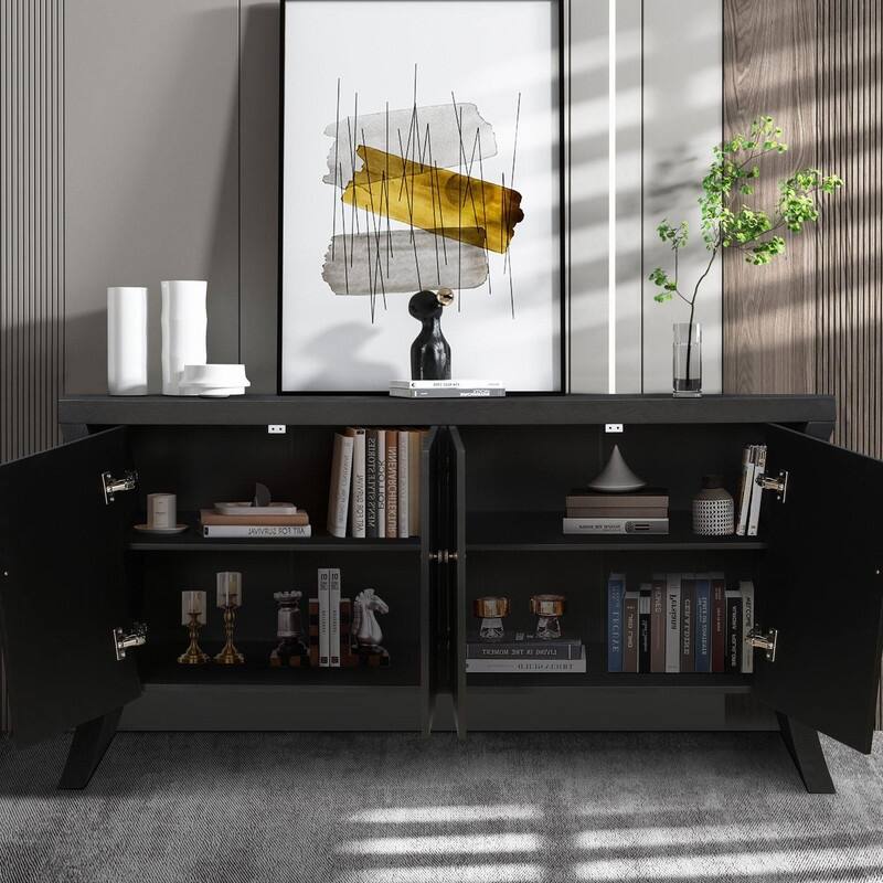 Retro 4-Door Wooden Credenza Cabinets with Solid Legs for Versatile Storage