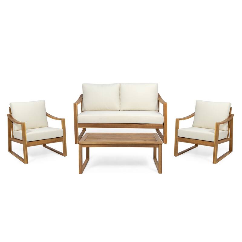 Samwell Acacia Wood Outdoor Chat Set by Christopher Knight Home - Teak Finish + Beige Cushion