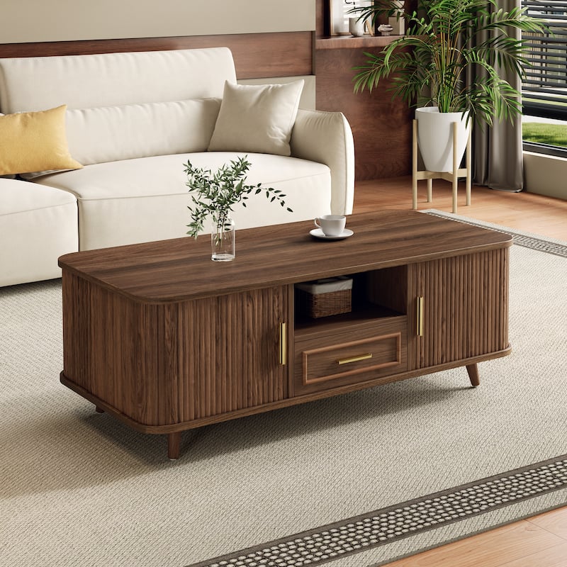 Christopher Knight Home - Arlo Mid-Century Modern Coffee Table with Tambour Doors and 6-Compartment Storage Drawer - Walnut