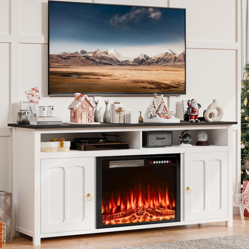 BOSSIN 58" Fireplace TV Stand for TV up to 65",Farmhouse Entertainment Center with Fireplace,Storage Cabinets,Adjustable Shelves