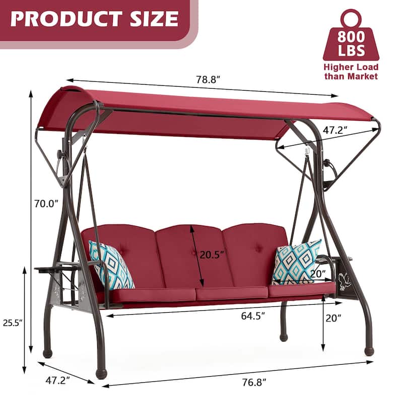 3-Person Outdoor Patio Swing with Adjustable Canopy