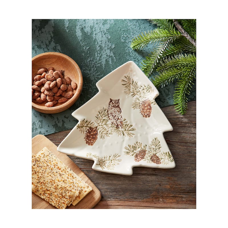 Wilde Pine Tree Shaped Ceramic Platter for Serving Christmas Treats 9.5 x 9 x 1 inches Dishwasher Safe Multicolor