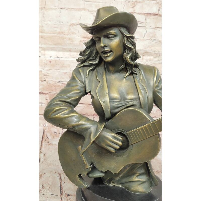Bronze Country Singer Musician Bust - Cowgirl Guitar Sculpture Decor
