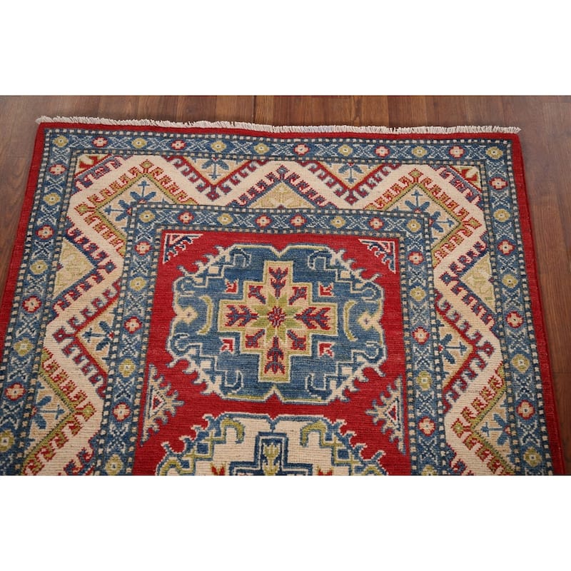 Geometric Kazak Accent Rug Hand-Knotted Red Wool Carpet - 3'3" x 4'9"