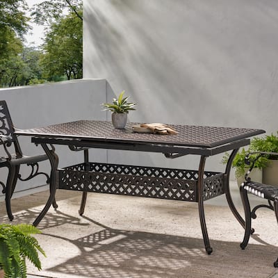 Roomfitters Expandable Cast Aluminum Outdoor Dining Table with Lattice Top and Umbrella Hole, Bronze