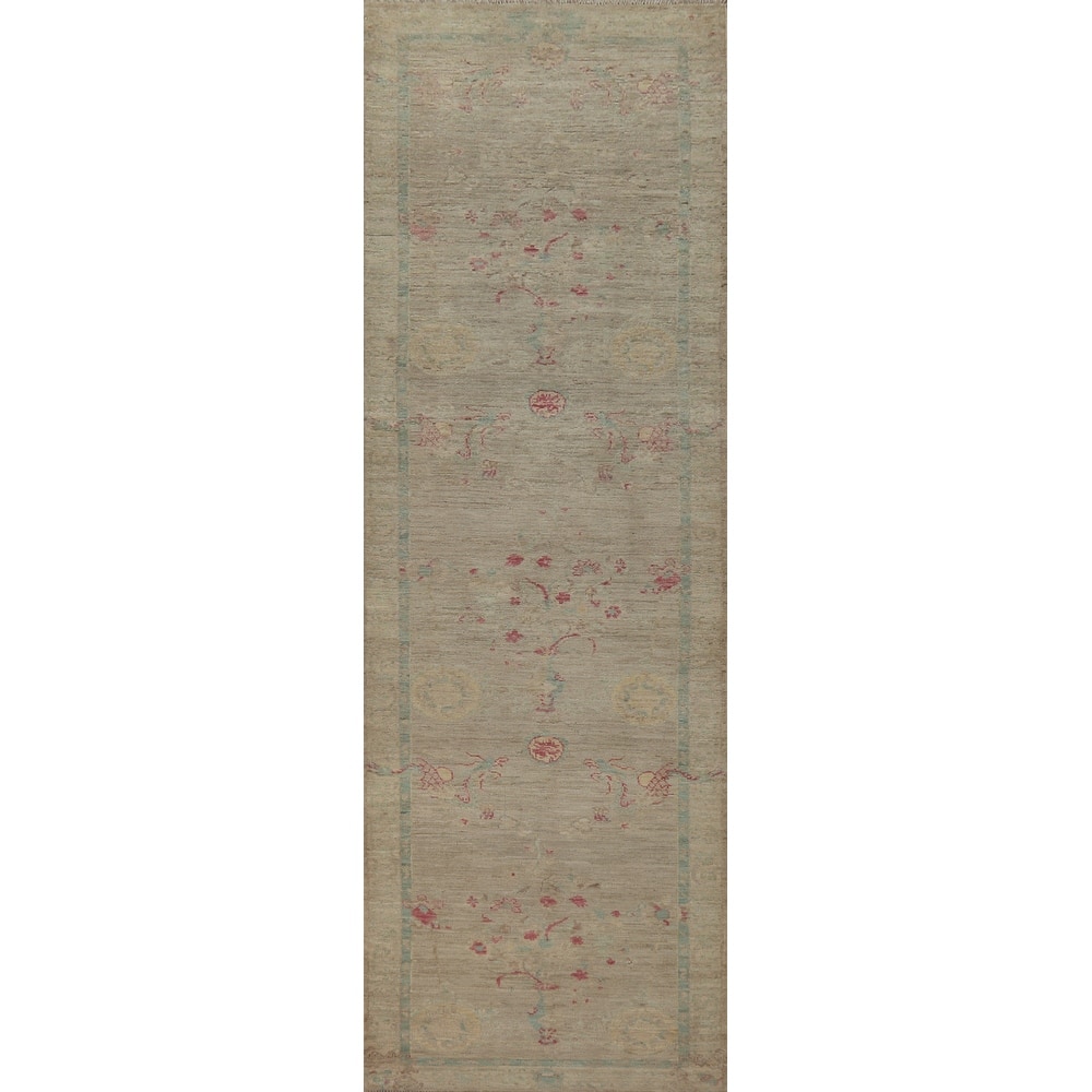Hand Knotted Oriental 100% Wool Carpet Transitional All-Over Beige & Ivories Oushak Runner Rug - 11' 9'' X 3' 0''