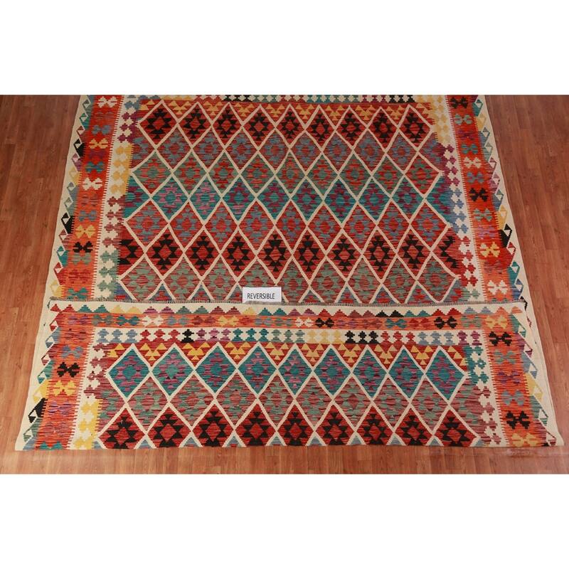 Reversible Kilim Area Rug Hand-Woven Oriental Wool Carpet - 10'3"x 12'6"